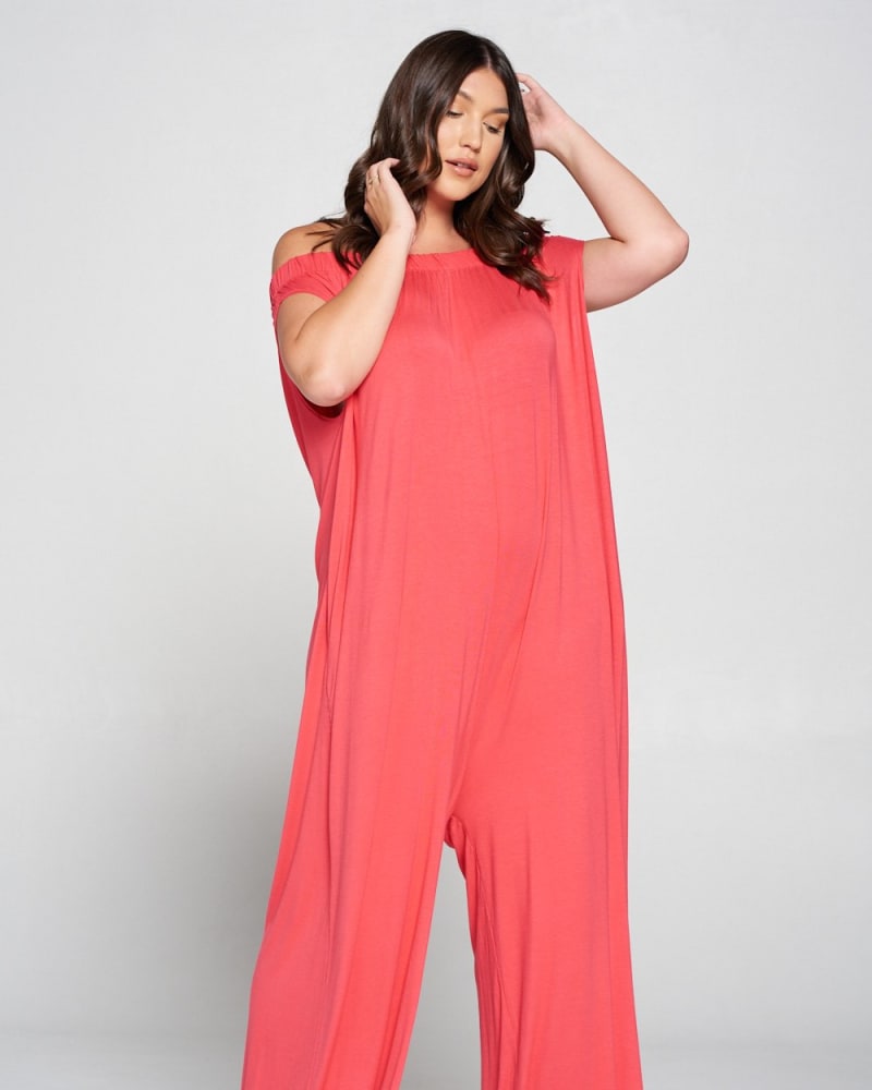 Plus Size Off Shoulder Full Length Jumpsuit Coral